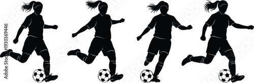 Female soccer player silhouette dribbling ball, dynamic football action isolated on white background, sports fitness illustration concept for training design