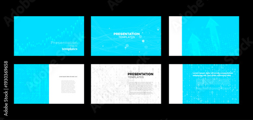 A collection of modern presentation slide templates. This set features blue technology and business themes, including data visualization, financial growth charts, and abstract backgrounds.