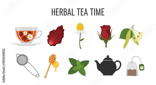 Herbal Tea Time illustration with ingredients and tools on a white background