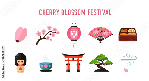 Collection of ten pink and brown Japanese cultural icons for a cherry blossom festival