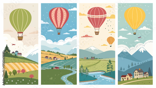 Colorful hot air balloons ascend over picturesque rolling landscapes with villages and rivers under a vibrant sky
