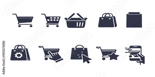 A versatile set of vector shopping cart and basket icons for retail commerce and online store websites