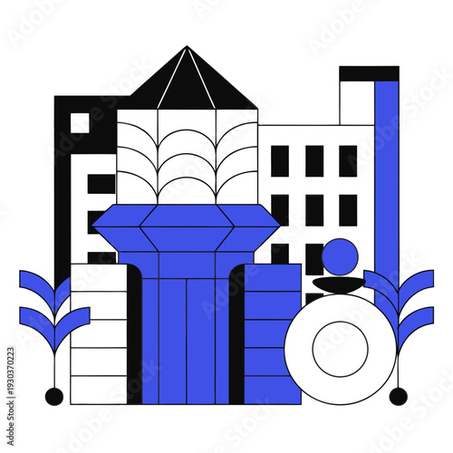 A blue and white building with a black roof and a blue archway