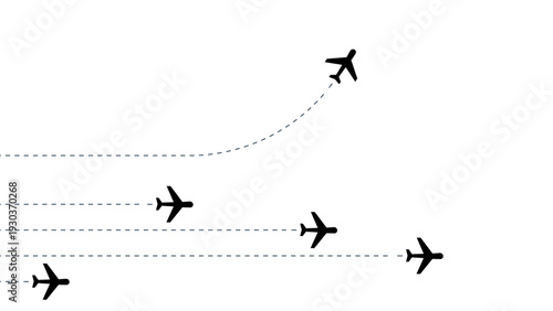 One airplane breaks away from the group, changing its flight path. A minimalist vector illustration representing leadership, innovation, and business strategy.
