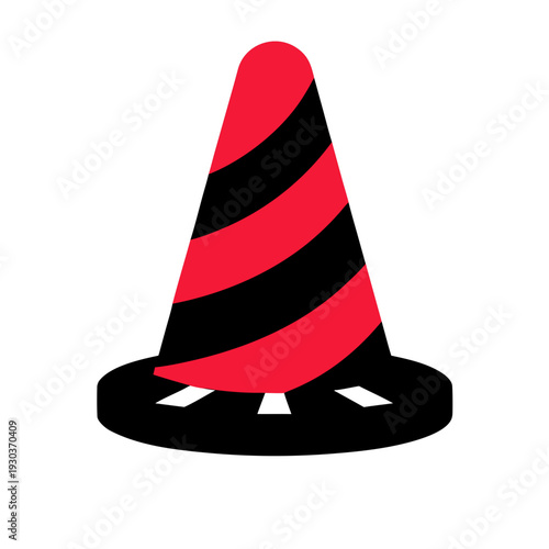 A red and black striped traffic cone on a white background