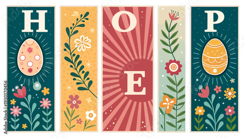 Hope easter vertical banners with decorated eggs blooming flowers and spring foliage celebrating renewal and joyous
