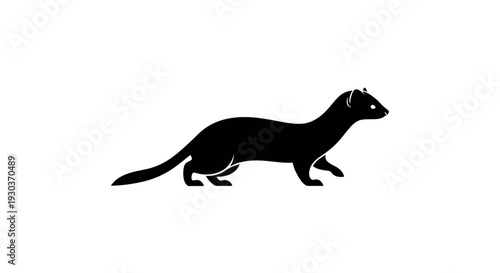 Silhouette of a sleek black weasel in profile against a clean white backdrop