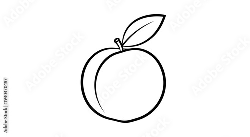 Black and white outline of a ripe peach with a leaf against white background