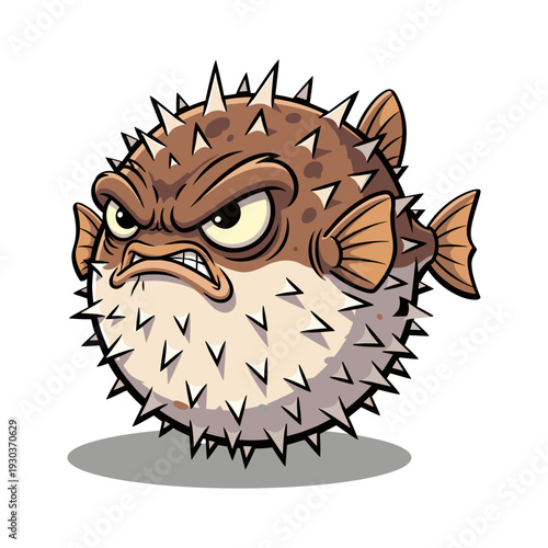 Angry pufferfish with spikes inflated in defensive stance isolated on white background expressive cartoon illustration with fierce eyes and aggressive expression brown and beige colors bold outlines