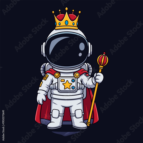 Playful astronaut in white spacesuit wearing golden crown and red cape holding royal scepter on dark background