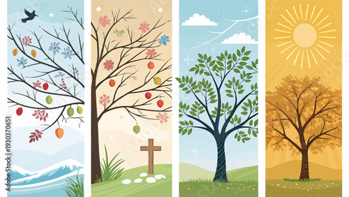 Four seasons tree banner collection winter's snow spring's cross summer's green autumn's gold nature's cycle