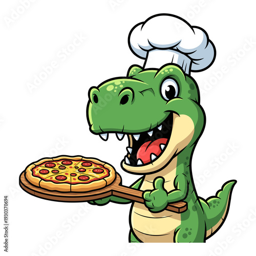 Playful green dinosaur cartoon character wearing chef hat serving delicious pizza on wooden board