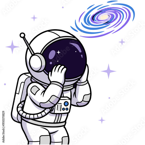 Astronaut in white spacesuit gazes at swirling blue galaxy in outer space surrounded by sparkling stars
