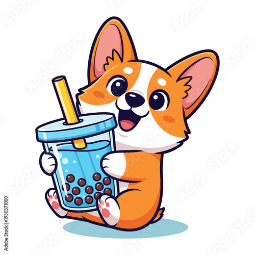 Playful corgi puppy holding a blue bubble tea cup with straw and tapioca pearls in a cartoon style