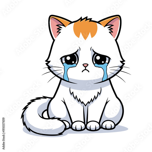 Cute sad cartoon kitten crying with tears streaming down face sitting alone on plain background expressing sorrow