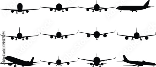 Commercial airplane silhouettes set, passenger aircraft landing and takeoff views, aviation transport black vector illustration isolated