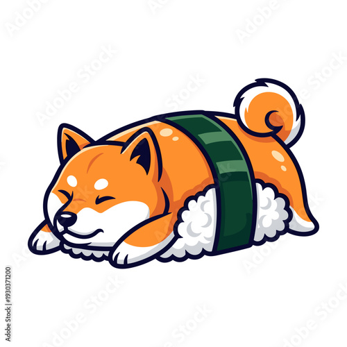 Adorable cartoon shiba inu dog wrapped in sushi roll with rice and seaweed smiling happily in playful illustration style with vibrant colors
