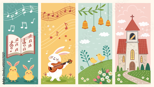 Joyful easter bookmarks featuring cheerful bunnies chicks musical notes and a charming church scene in a spring meadow