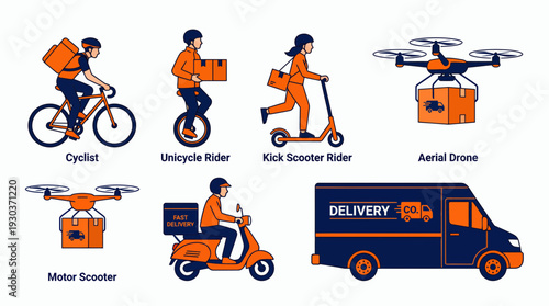 Set of delivery personnel characters using bicycle, unicycle, scooter, drone and van in flat line art style, concept for logistics services, shipping industry and express distribution