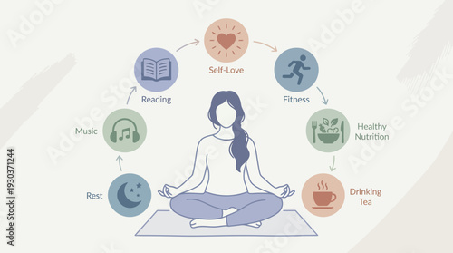 Illustration of a mindful office worker practicing yoga meditation surrounded by self care icons on a light background, concept for mental health awareness, workplace wellness and stress relief