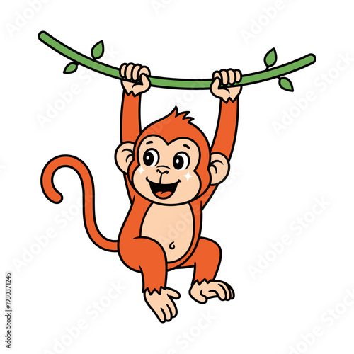 Playful cartoon monkey happily swinging on a green vine with a joyful expression vivid orange fur and a white belly in a bright cheerful illustration style