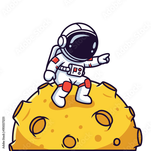 Astronaut in white spacesuit with red accents sits on yellow moon surface with craters in a playful pose