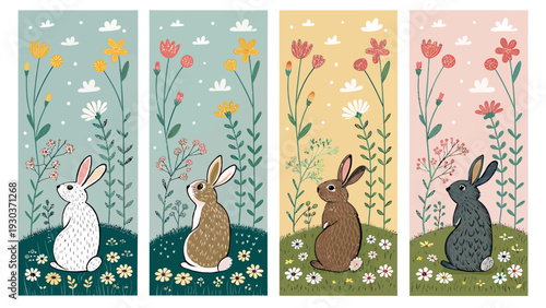 Cute cartoon rabbits sitting in a field of wildflowers and grass celebrating spring and easter with a cheerful