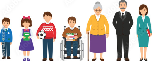 Multi generation family characters set, children parents grandparents and disabled boy, diverse people illustration isolated on white background