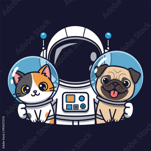 Playful cartoon cat and pug in astronaut suits with helmets floating in space futuristic adventure theme with colorful space suits and dark blue cosmic background