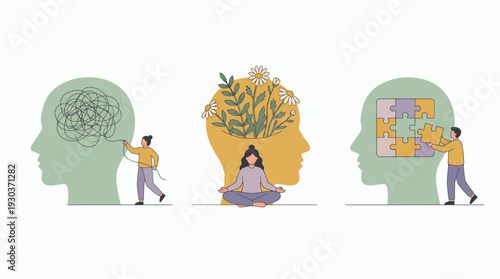 Vector of business managers managing mental health by untangling thoughts, meditation and puzzle solving inside human heads, concept for employee wellness, therapy and productivity training