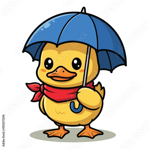 Playful yellow duckling with a blue umbrella and red scarf holding a locket standing on a light gray background cheerful illustration with vibrant colors and whimsical style