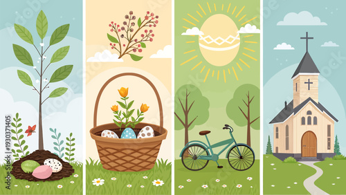 Vibrant easter holiday banners showcase spring growth festive eggs in basket cycling fun and traditional church