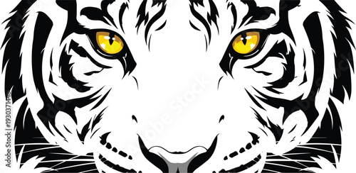 Fierce tiger face close-up vector illustration, glowing yellow eyes intense striped portrait for wildlife strength power tattoo logo and bold designs