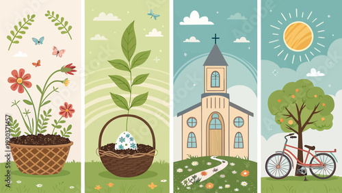 Vibrant spring banners depict growth easter celebration church and outdoor cycling with sunny skies and lush greenery