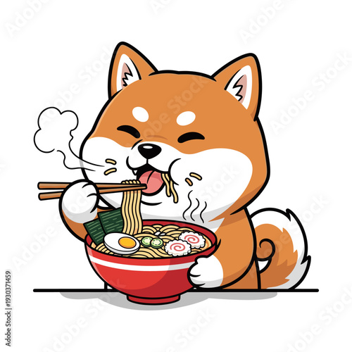 Cute cartoon shiba inu dog happily eating steaming ramen noodles from a red bowl with chopsticks playful expression fluffy tail white fur accents cozy atmosphere steam rising
