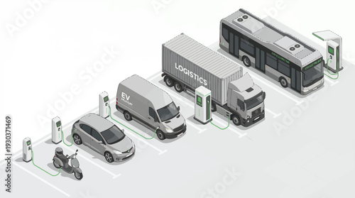 isometric view of electric vehicles including scooter car delivery van truck and bus charging at station, concept for sustainable transportation, eco friendly logistics and urban infrastructure