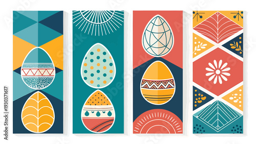 Vibrant easter egg designs with geometric patterns and floral motifs celebrating spring and festive traditions