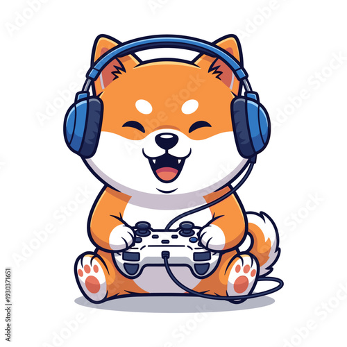 Cute shiba inu dog wearing blue headphones plays video games with joy holding controller vibrant orange and white fur isolated on white background modern digital art style