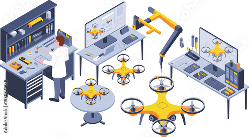 Drone assembly and repair workshop, quadcopter technology development lab, engineer working with UAV vector illustration