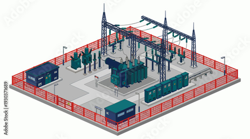 Isometric electrical power substation with high voltage transformers and transmission towers inside red safety fence, concept for industrial energy, engineering and infrastructure development