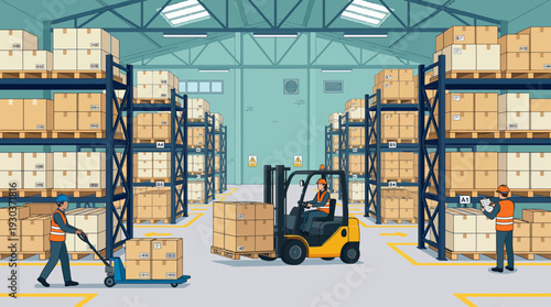 Warehouse workers operating forklift and pallet jack near industrial storage racks with cardboard boxes, concept for logistics management, supply chain optimization and global distribution
