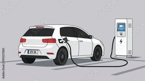Modern white electric car plugged into a public charging station terminal on a grey background, concept for sustainable transportation, eco friendly automotive and renewable energy technology