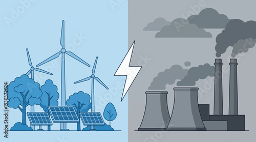 Illustration of clean renewable wind turbines and solar panels versus smoking industrial factory chimneys, concept for environmental protection, climate change and sustainable power transition