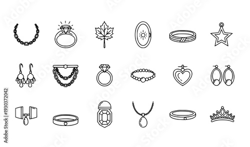 Minimal Jewelry and Fashion Line Art Vector Icon Set with Necklace Ring Bracelet Locket Earrings and Luxury Accessories