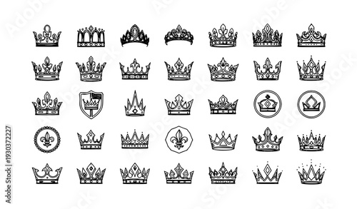 Monoline Royal Crown Vector Collection with King Queen Heraldic Crest and Luxury Brand Emblems