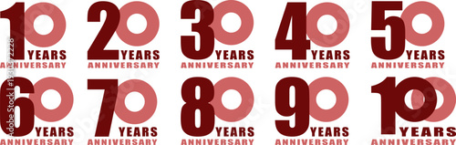 アニバーサリーのロゴ「10周年、20周年、30周年、40周年、50周年、60周年、70周年、80周年、90周年、100周年」
