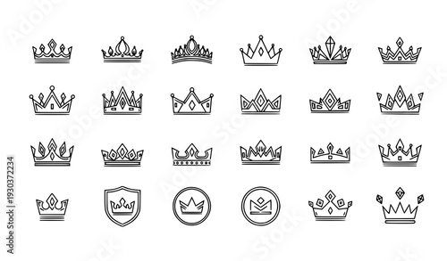 Royal Thin Line Crown Icon Set with King Queen Premium Quality Luxury Logo Symbols Collection