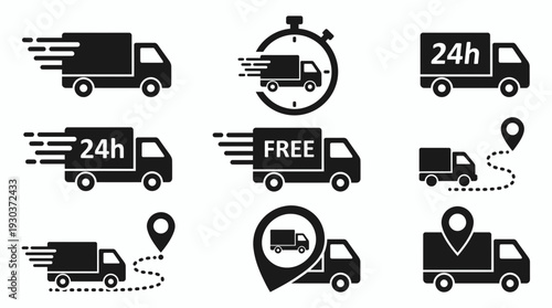 Collection of flat black delivery truck icons featuring speed lines, tracking pins, 24h service and free shipping labels, concept for logistics interface, e-commerce shipping and advertising