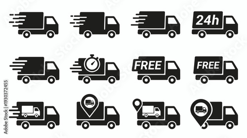 Black flat vector icons of delivery trucks showing fast shipping service and tracking location on white background, concept for e-commerce website, logistics application and transport marketing