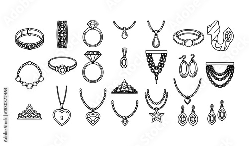 Monoline Jewelry Vector Icons with Bracelet Ring Necklace Pendant and Luxury Fashion Ornaments